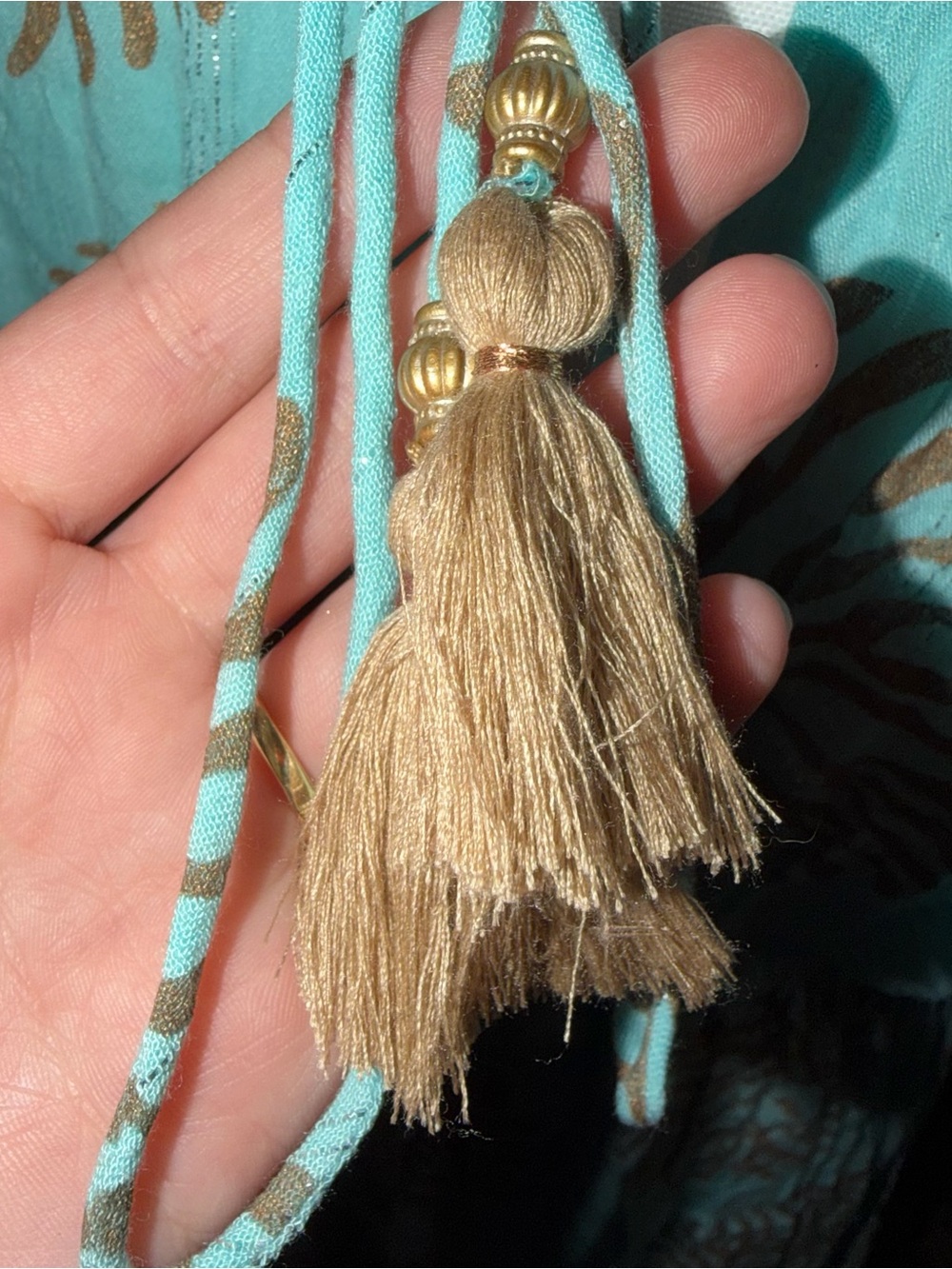 Zury Turquoise Maxi Dress with Gold Medallion Print and Tassel Tie 100% Viscose - Picture 10 of 11